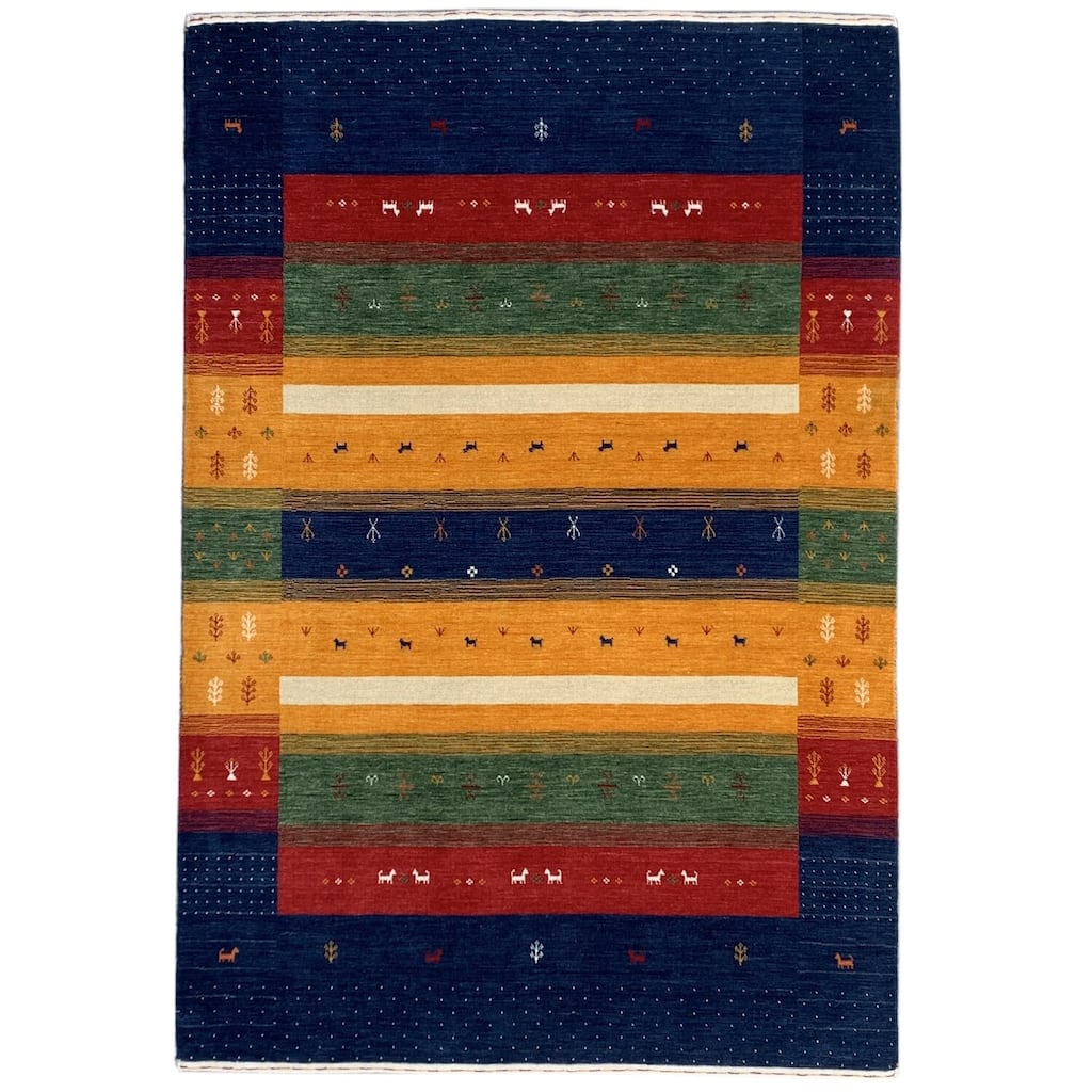 Navy Hand Knotted Wool Transitional Gabbeh Rug, 10' x 14', plush stylish accent - L