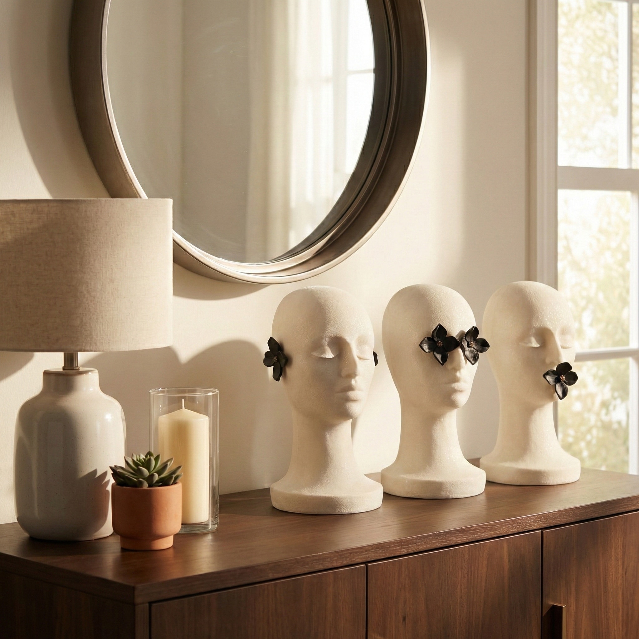 Abstract 3-Heads Resin Sculpture - Set of 3, 16", Black & White - 16.0"