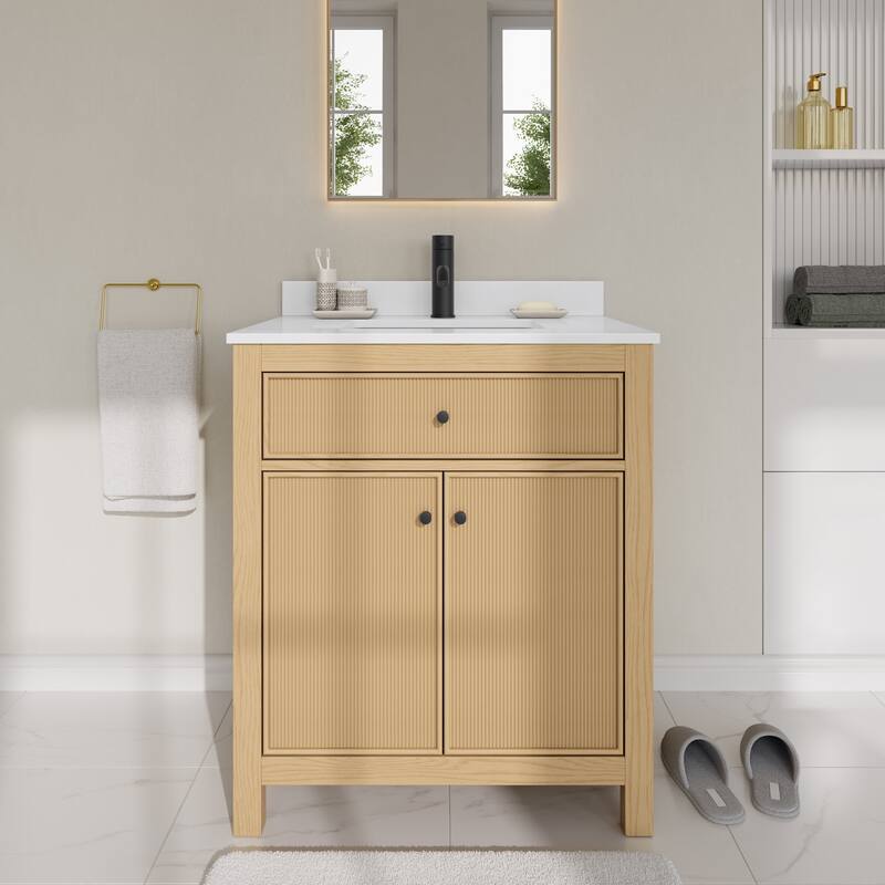 Wyndham Collection WCF9292-30S-QTZ-UNSMXX Pendry 30" Free Standing - Tanned Oak / White Quartz Top / Matte Black