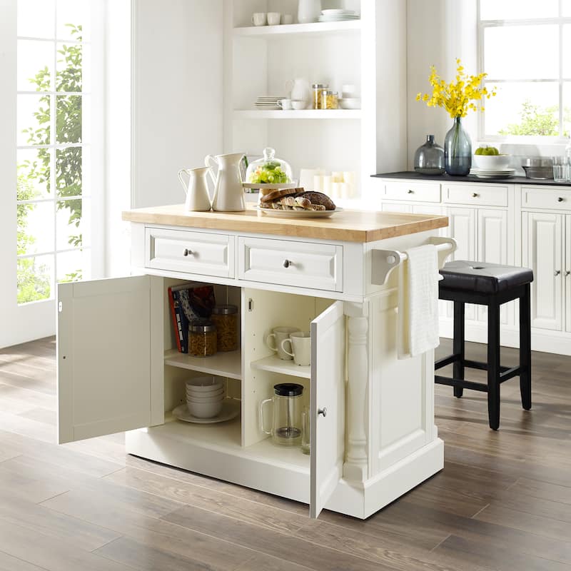 Crosley Oxford White Finish Butcher Block Top Kitchen Island with 2 Stools - 23"d x 47.75"w x 35.75"h
