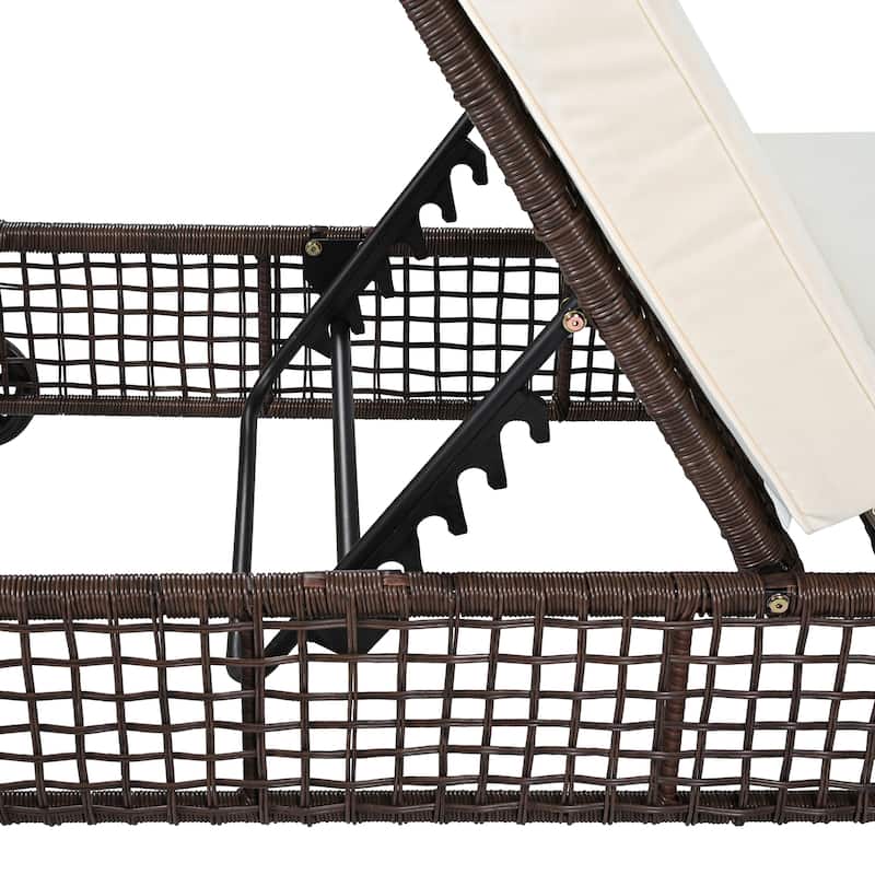 Set of 2 Rattan Outdoor Chaise Lounges with Wheels and Adjustable Backrest, Cushions for Poolside Backyard Garden