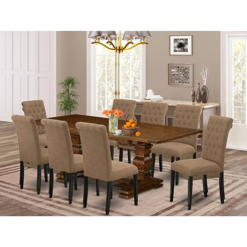 Victorian Dining Set - 9 Piece Table & Chair Set - Antique Walnut & Black Finish - Linen Fabric Chairs - 92