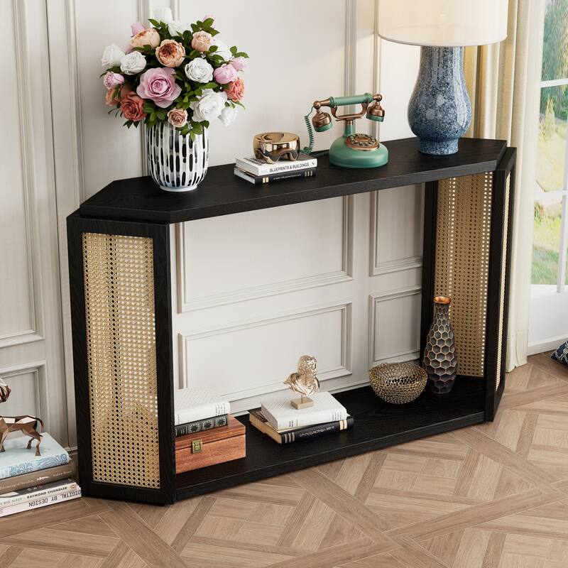 Arrow-Shaped Design Narrow Entryway Console Table with Open Shelf, Woven Rattan Accent Table Sofa Table for Living Room Hallway