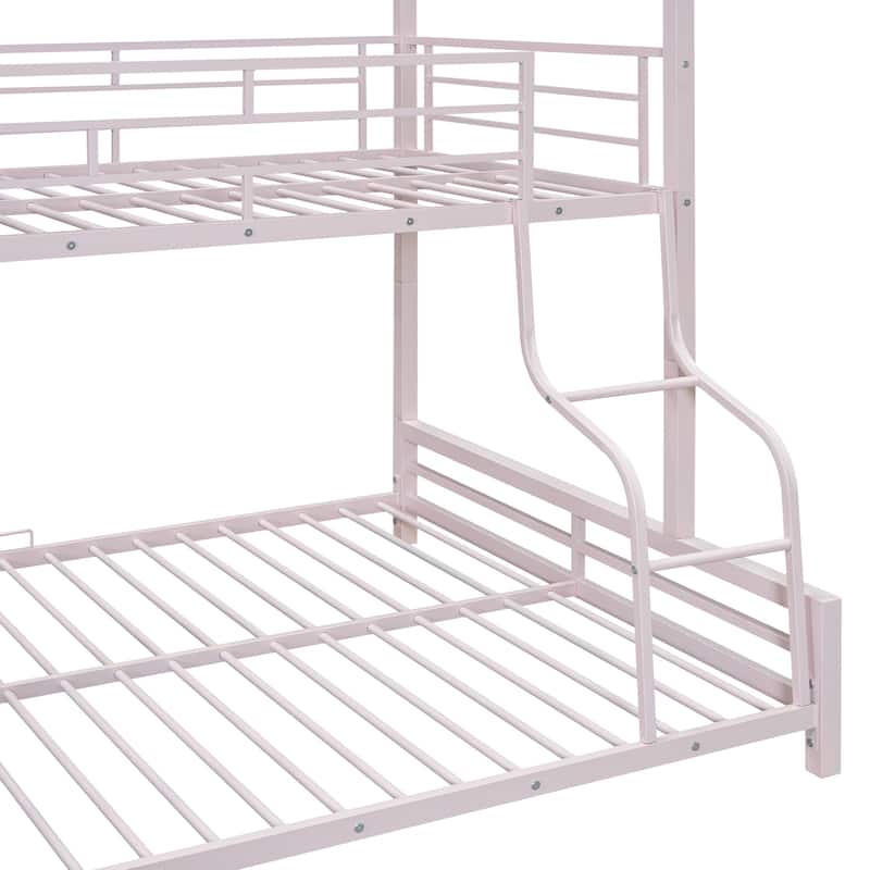 Pink Metal House Bunk Bed with Roof, Ladder, and Fence for Kids