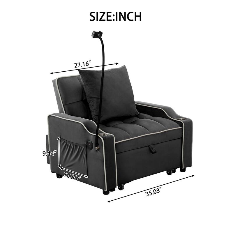 Convertible Single Chair Bed, Sleeper Sofa Bed with Phone Holder & USB Ports,Pull Out Couch Bed with Adjustable Recliner