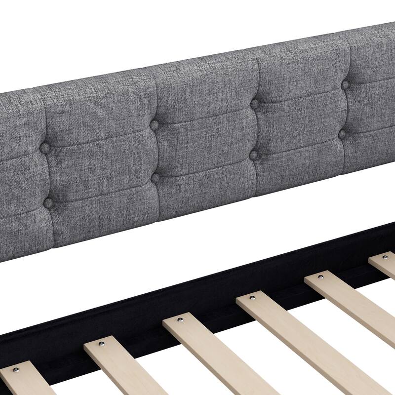 Roomfitters Queen Size Upholstered Daybed, Mid-Century Modern Sofa Bed Frame with Backrest and Tapered Wood Legs