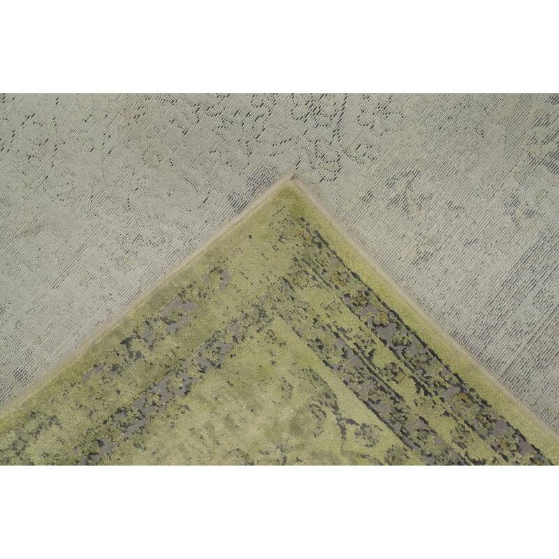 Machine Made Oriental Polyester Carpet Traditional Floral Green Tabriz Area Rug - 7' 5'' X 5' 2''