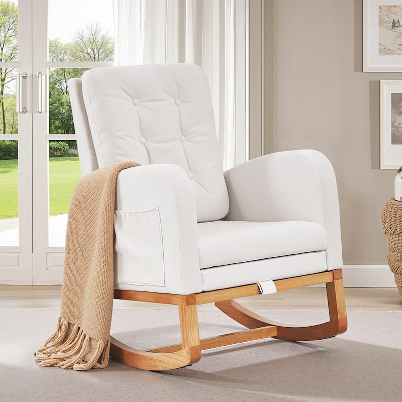 Javlergo Small Space Rocking Chair with Pull-Out Pedals Solid Wood Legs Glider Chair for Nursery with Two Side Storage Pockets