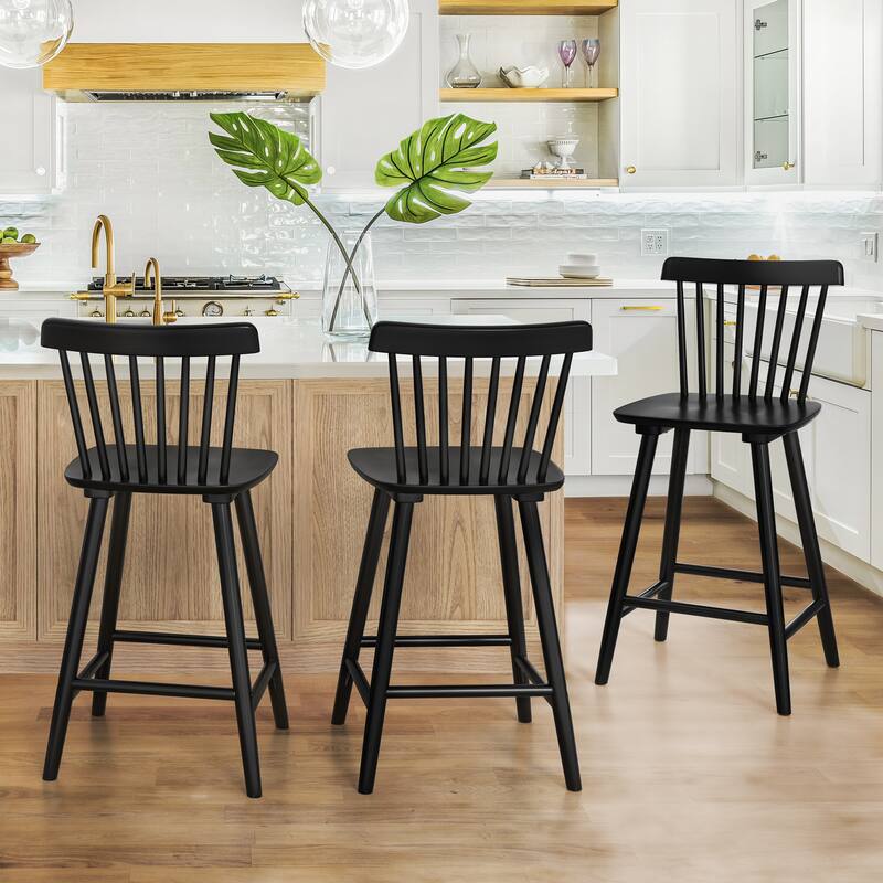 24 in. Windsor Wooden Bar Stools with Low Back Farmhouse Solid Wood Counter Stools - 16.9 in. W x 16.9 in. D x 37 in. H