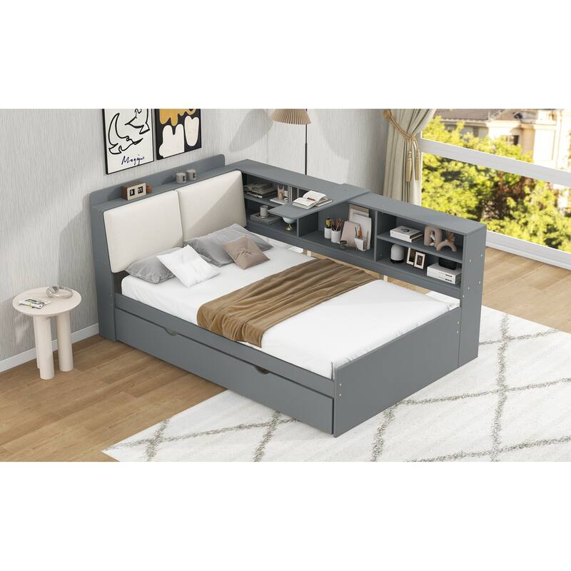 Twin Size Platform Bed with Trundle, Storage Shelves, Headboard with Upholstery, and Space-Saving Rotating Board