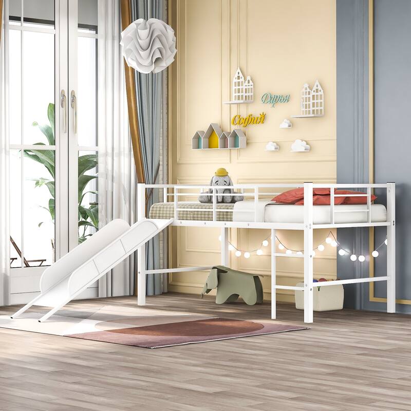Twin Metal Bed with Slide,Low, Strong Slide (White with White Slide ...