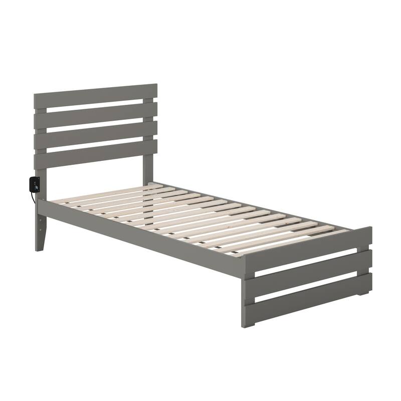 Modern Twin XL Bed with Footboard & USB Charger - Grey Solid Wood Platform Bed - 41.38"H