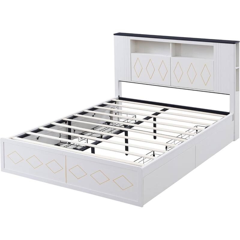 Modern Queen Size Wood Bed Frame with Charging Station and LED Lights