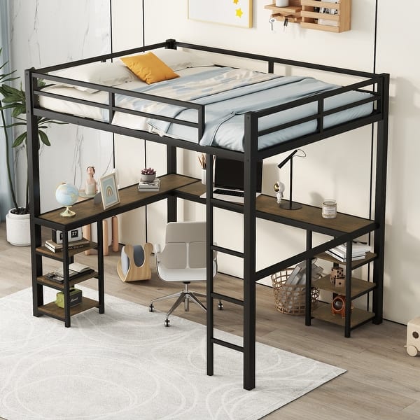 slide 2 of 14, Space-Saving Design Loft Bed with Desk and Shelves, Black with Vintage Wood-colored Desk, Full, Black Black