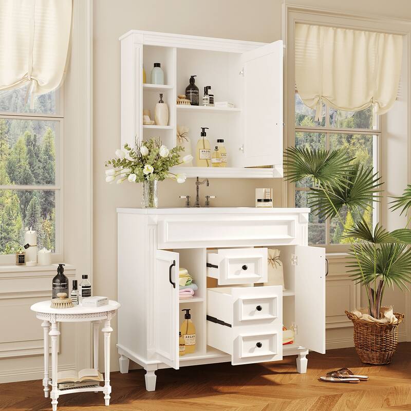 GDFStudio - Marwood Modern Bathroom Vanity Set with Ceramic Sink and Mirror Cabinet with 2 Soft Closing Doors & Drawers - 35.9'W