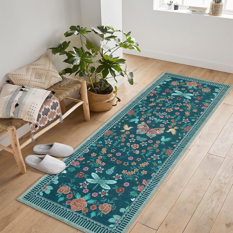Modern Floral Machine Washable Indoor Waterproof Area Rug for Bedroom, Living Room, Dark Green - 2' x 3'