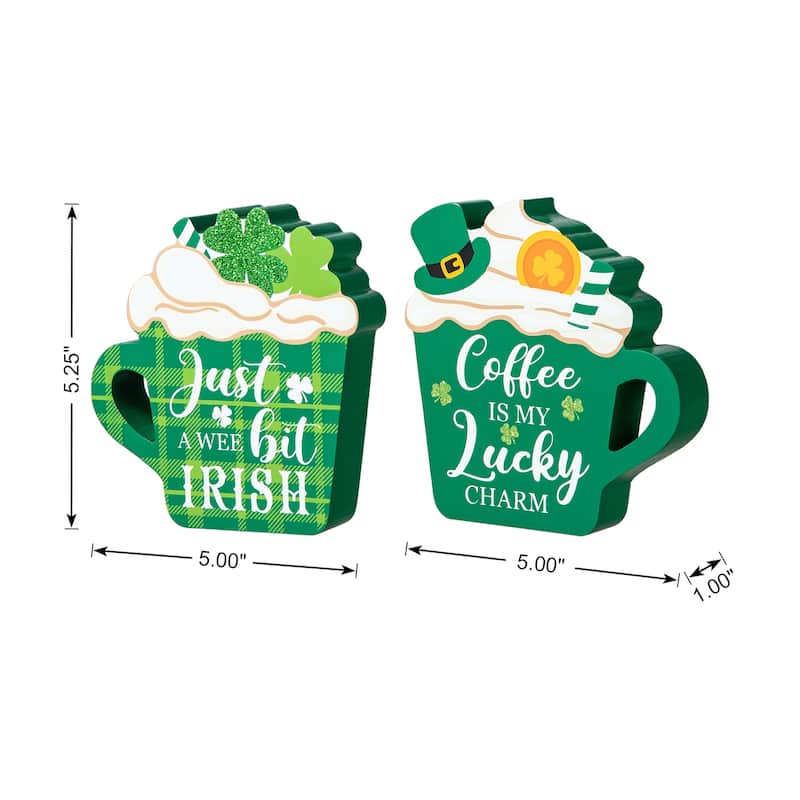 Glitzhome St Patrick's Epoxy Wooden Shamrock Leprechaun Pot of Gold Coffee Cup Table Decor