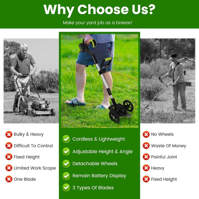 21V Cordless Brushless Grass Trimmer with 3 Blade Types and Adjustable Pole Dual Wheels - 7.68” x 4.33”