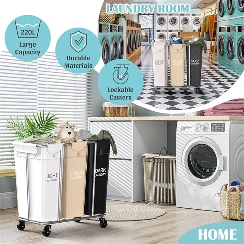 Laundry Sorter 3 Section, 220L Large Laundry Cart with Wheels 3 Hamper Laundry Sorter - 33.07"L x 18.9"W x 31.5"H
