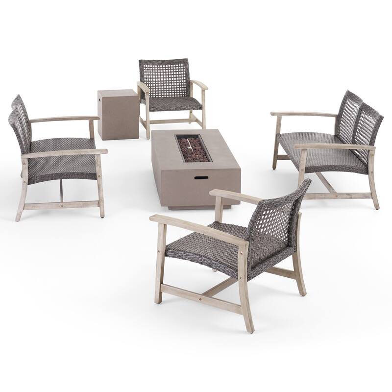 Augusta Outdoor Acacia Wood and Wicker 6 Seater Chat Set with Fire Pit by Christopher Knight Home