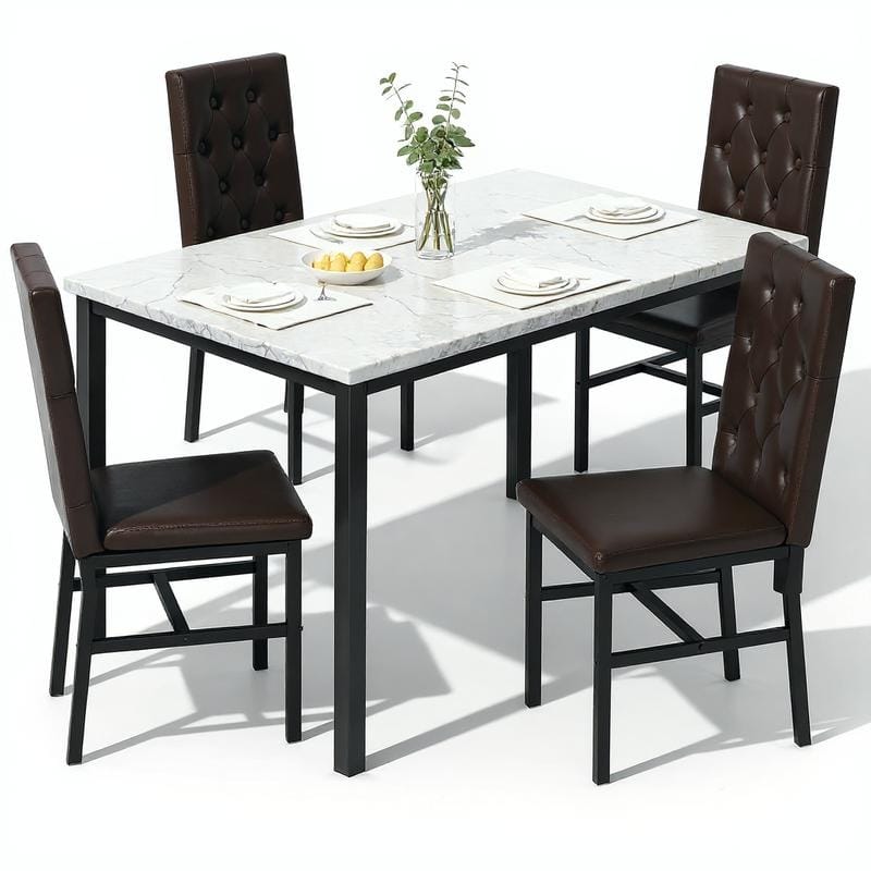 Grondin 5-Piece Dininng Room Table Set with 4 Upholstered Dining Chairs, Faux Marble Top And Metal Frame Dining Table Set Of 5