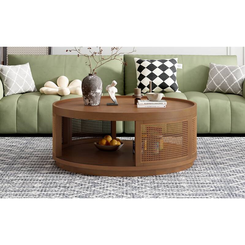 36.8" Wooden Mid-Century Modern Coffee Table with Storage, Round Cane Coffee Table with PE Rattan Side for Living Room