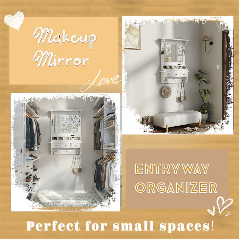 Wall-Mounted Floating Makeup Vanity with Big Mirror, Pockets & Hooks