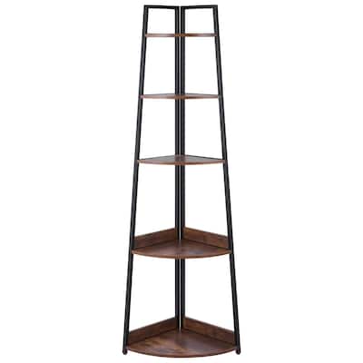 Black Metal Frame Brown Wood 5 Tier Corner Bookshelf with Space-Saving Design - 24 x 17 x 70 in