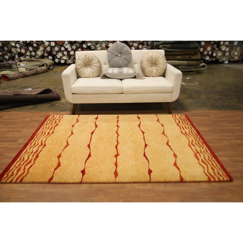 Hand Knotted Oriental 100% Wool Carpet Modern Modern Yellow & Gold Gabbeh Area Rug - 6' 8'' X 4' 8''