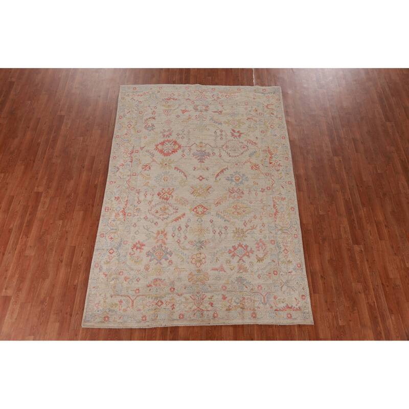 Hand Knotted Oriental 100% Wool Carpet Transitional All-Over Beige & Ivories Oushak Area Rug - 8' 11'' X 6' 0''