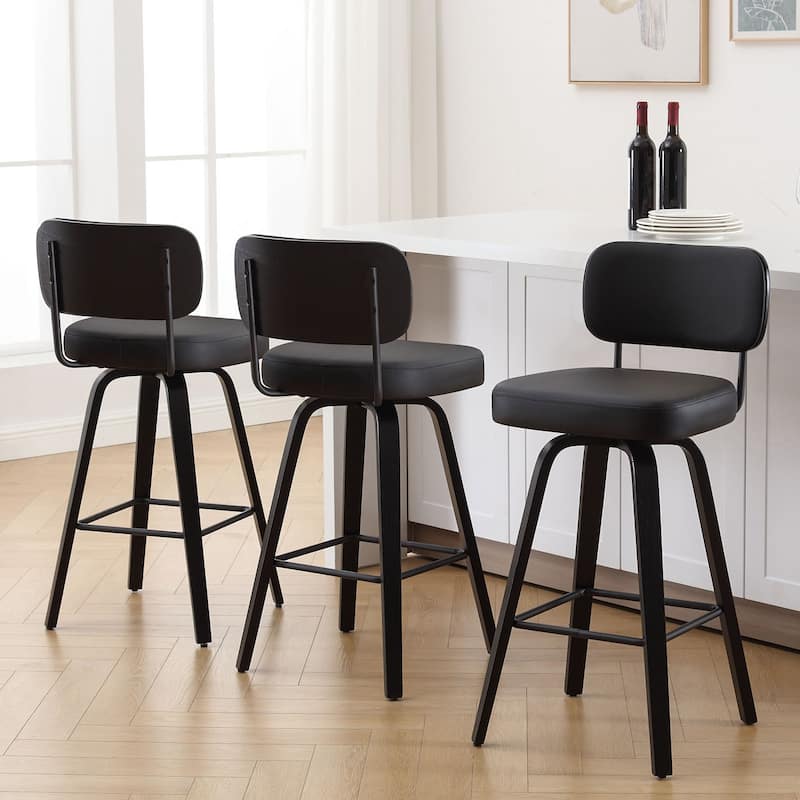 26"/29" Swivel Counter/Bar Stools with Black Bentwood Legs - Set of 3 - Black-Leather Back - Bar Height