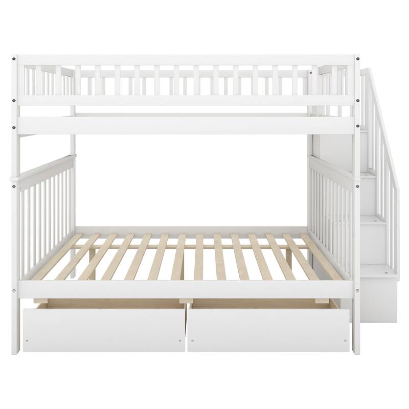 White Full Over Full Bunk Bed with Storage Drawers and Safety Rails