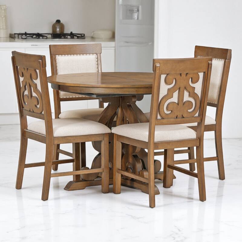 5-Piece Dining Set with Extendable Round Table, 16-Inch Leaf, 4 Upholstered Chairs, Solid Wood & MDF, Ideal for Dining Room