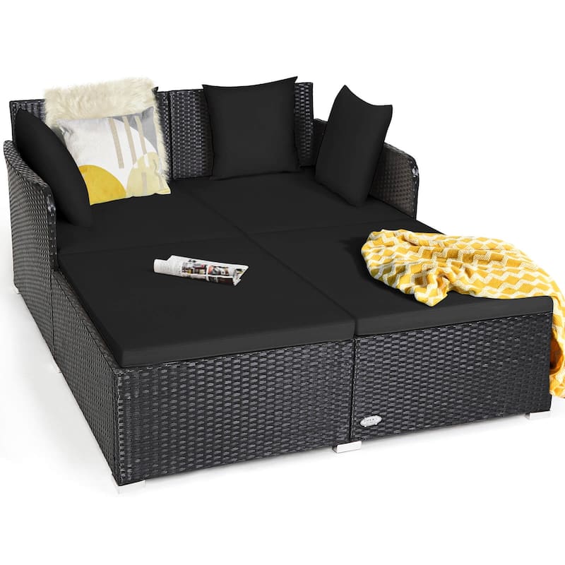 Costway Outdoor Patio Rattan Daybed Pillows Cushioned Sofa Furniture - See details