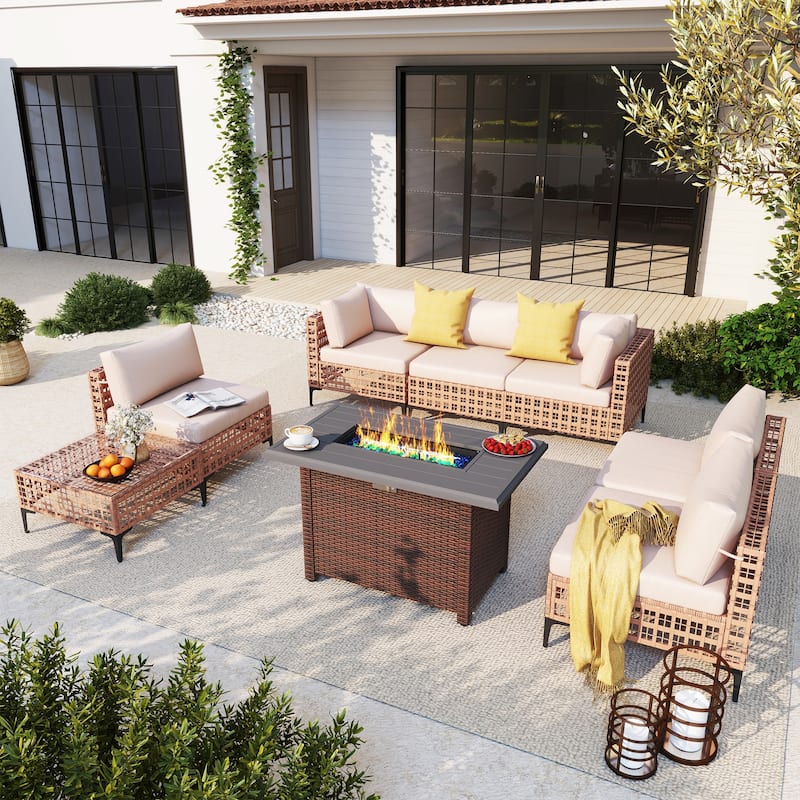 6 - Person Outdoor Sectional Seating Group with Fire Pit - Beige