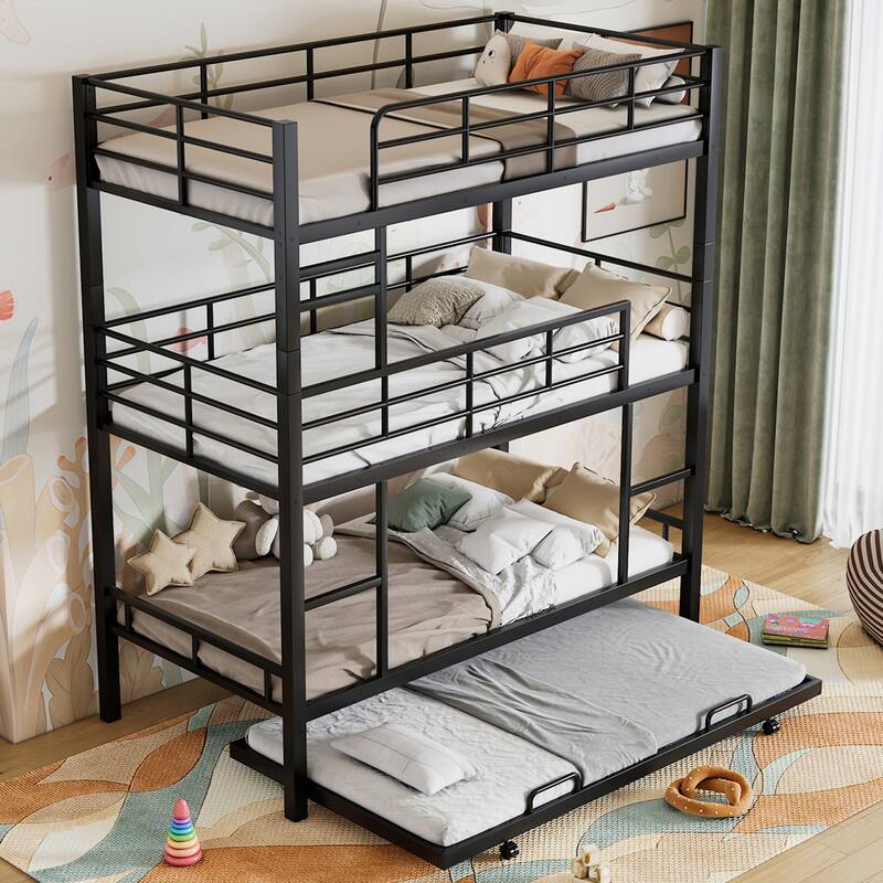 Twin Size Triple Bunk Bed with Trundle, Black, Heavy Duty Metal Construction