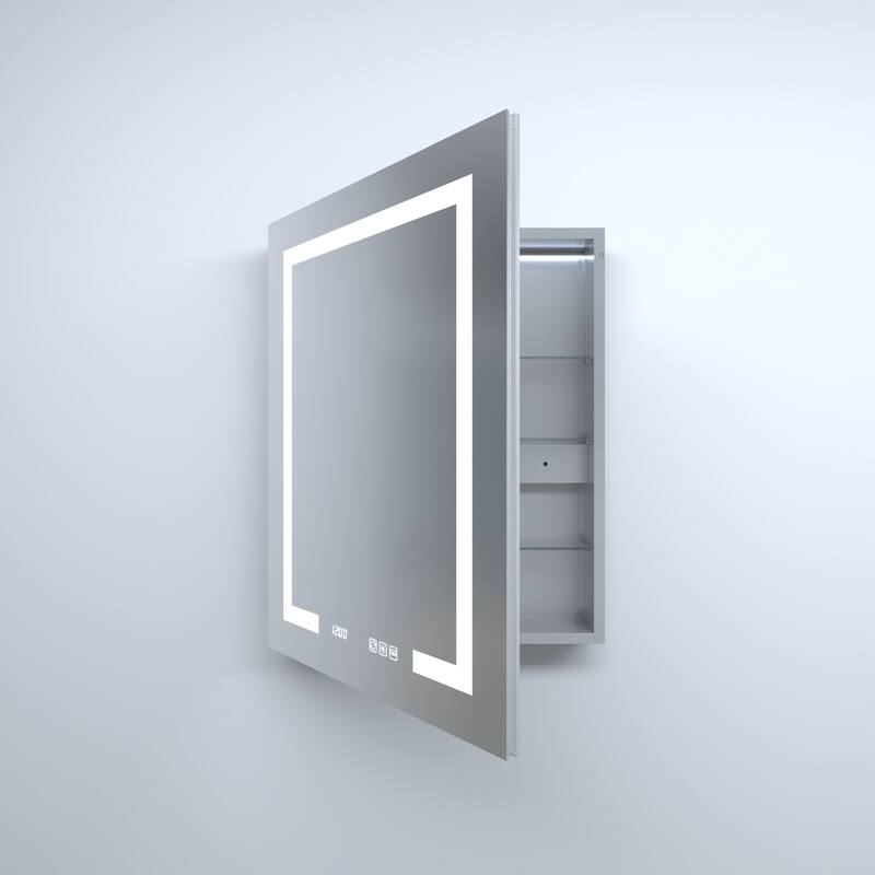 Rectangular Aluminum Recessed/Surface Mount Medicine Cabinet in Silver with Mirror LED and Clock