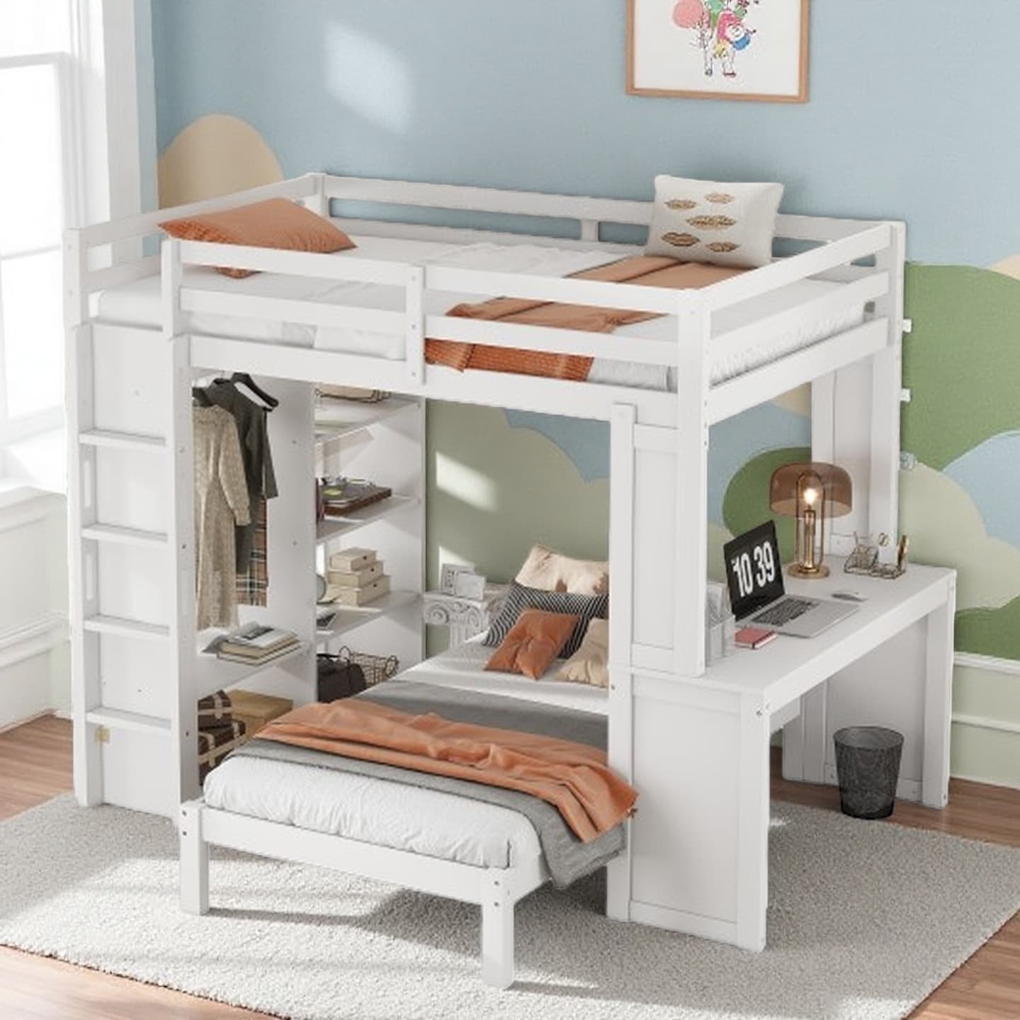 Queen Over Twin Solid Wood Loft Bed with Removable Lower Bed, Built-in Desk, Shelves & Wardrobe