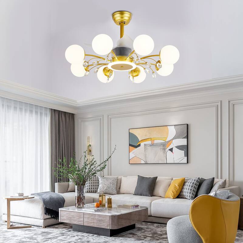 31in. Indoor Gold Modern Ceiling Fan with Light, Reversible Fandelier with Light Bulbs and Remote for Living Room