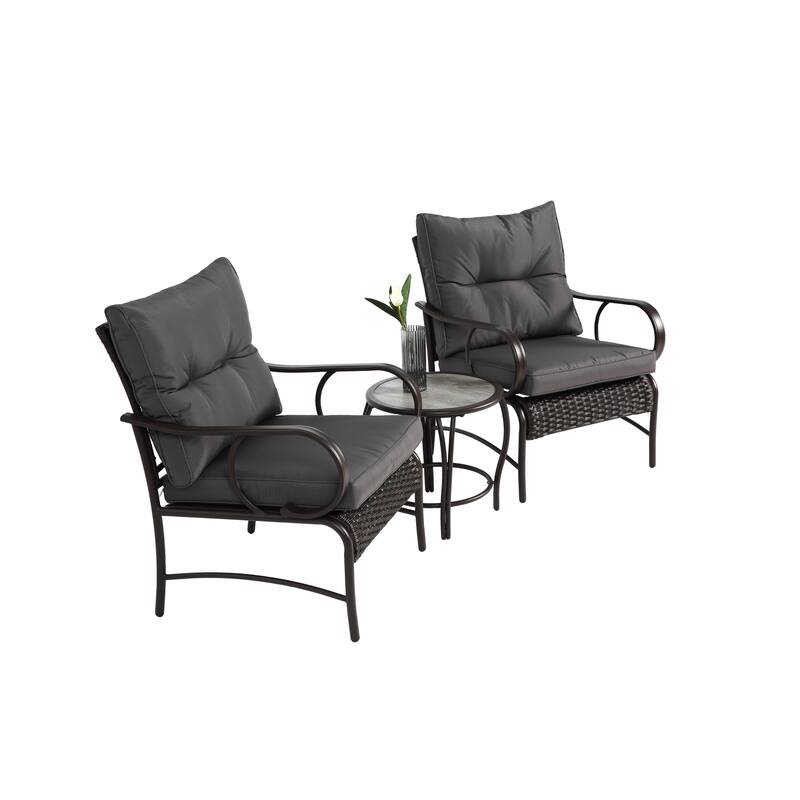 3 Piece Outdoor Steel Frame Furniture Set, Patio Rattan Conversation Chairs Set with Glass Coffee Table and Removable Cushions
