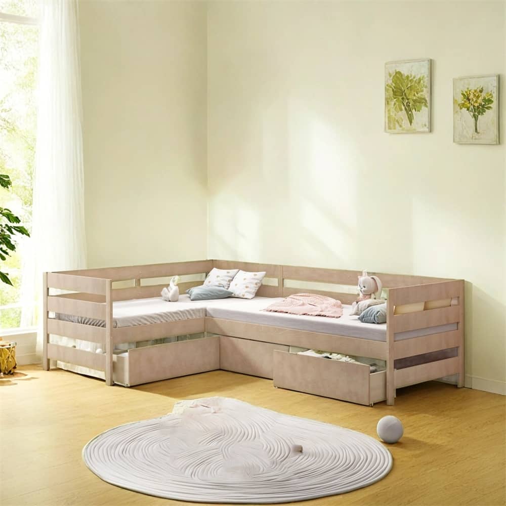 Twin Size L-shaped Platform Bed with Three Storage Drawers