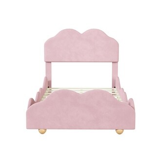 Twin Kids Upholstered Platform Bed Velvet Bed Frame w/Cloud Shaped Headboard & Footboard, Wooden Slats Support,Light Pink