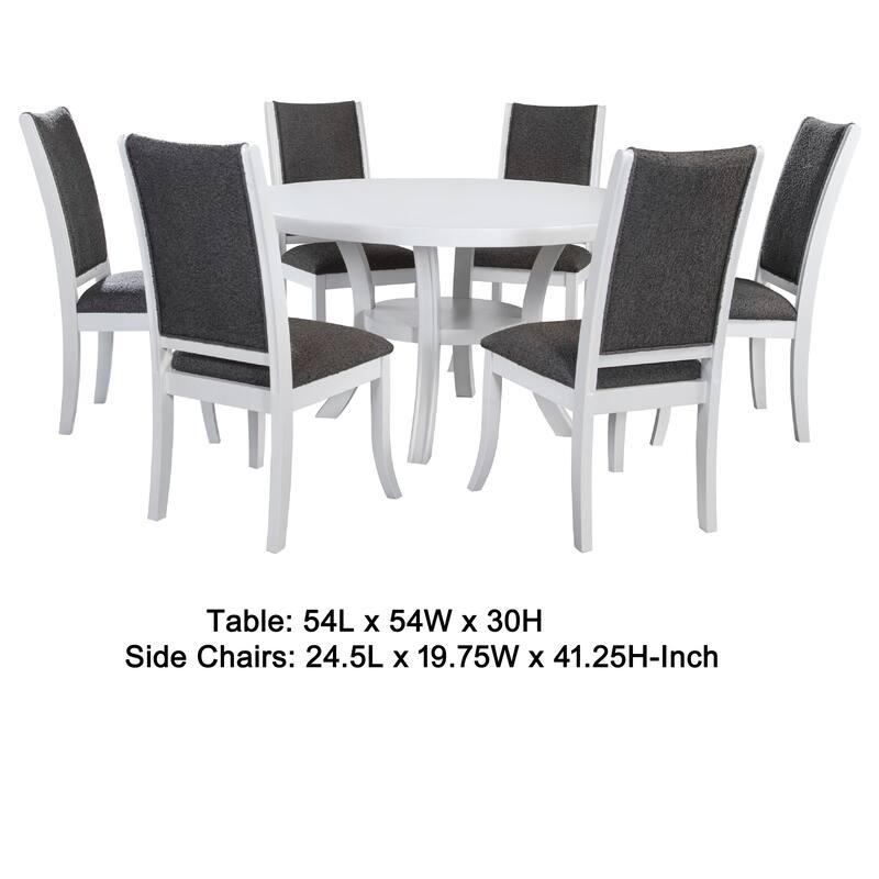Judy 7pc Round Dining Table Set, Flared Legs, Gray Fabric, White Wood