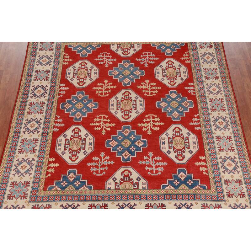 Hand Knotted Oriental 100% Wool Carpet Traditional Geometric Red Kazak Area Rug - 9' 8'' X 7' 11''