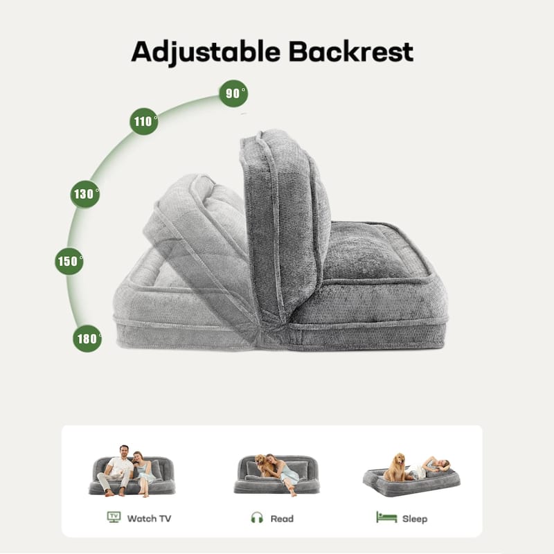 Pet Friendly Lazy Loveseat Sofa 2-in-1 Chenille Floor Couch Double Human Sleeper Bed with 5 Adjustable Position, Plump Pillows