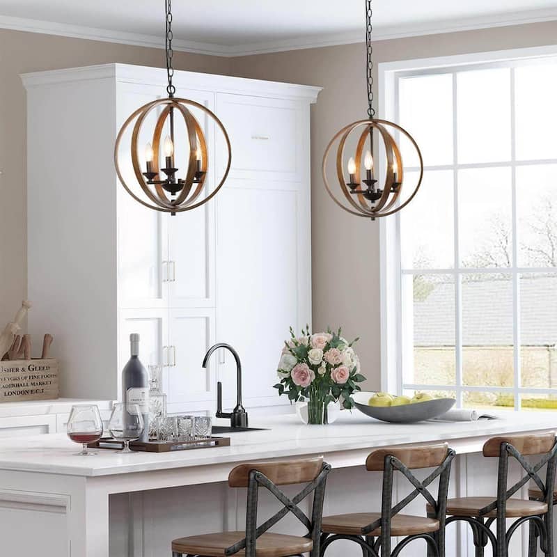 Farmhouse 3-Light Globe Wood Grain Chandelier for Dining Room Kitchen Island - W15.5"x H18"
