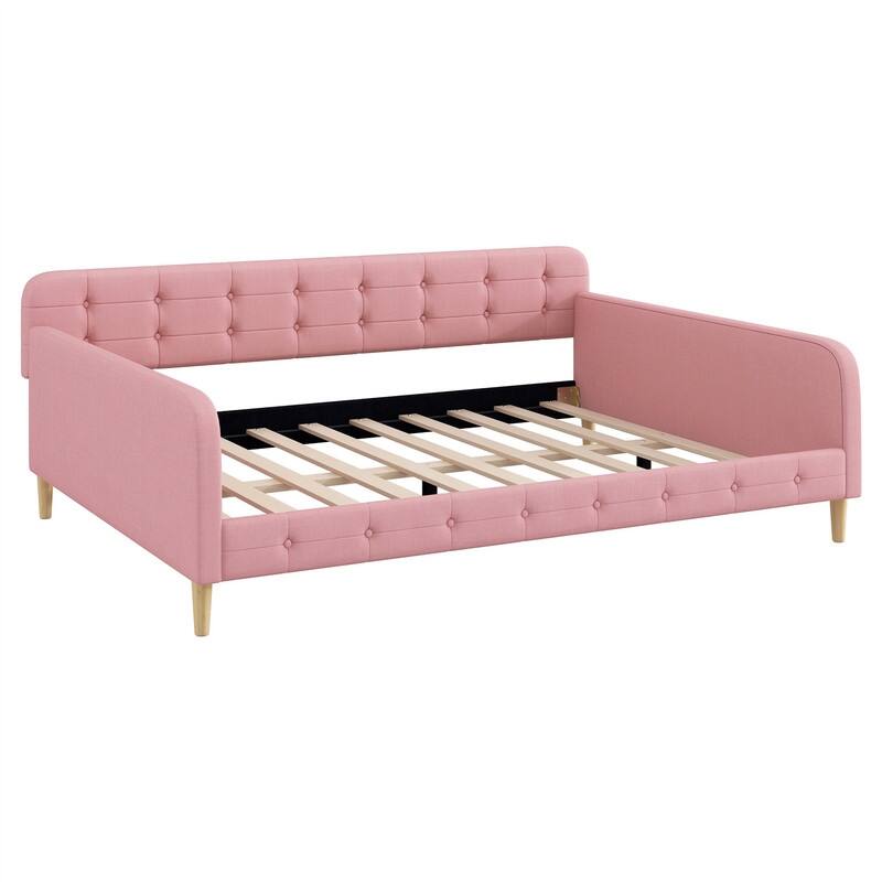Twin/Full/Queen Size Upholstered Daybed with 4 Support Legs, Linen Fabric Daybed Frame Sofa Bed with Button Tufted Design