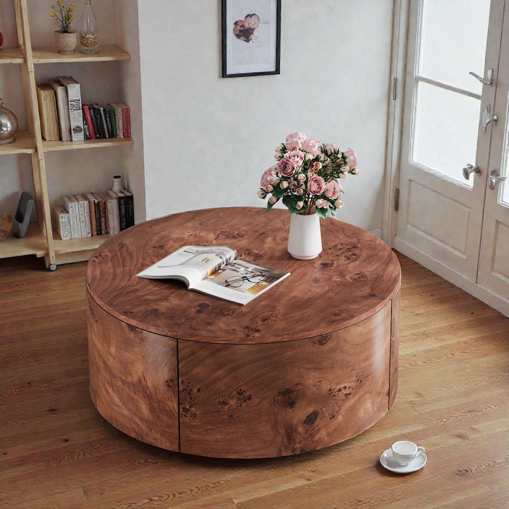 Burl Wood Rotating Coffee Table with 2 Drawers, 28.4 Inch Round Walnut Table with 360 Degree Swivel Top