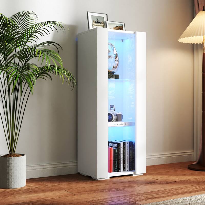 Floating Wall Cabinet Display Cabinet with Lights, Floor Storage Display Case with Glass Shelves for Living Room, Office