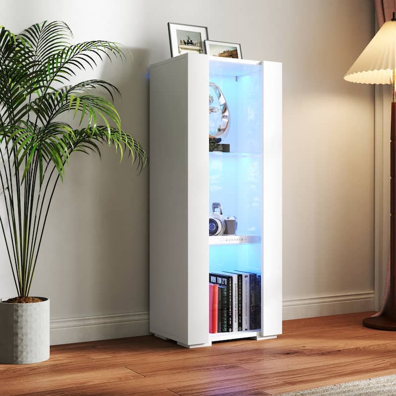 Modern Storage Cabinet with Built-In Aluminum LED Strip Lighting & Glass Shelves – Versatile for Living Room, Bedroom or Office